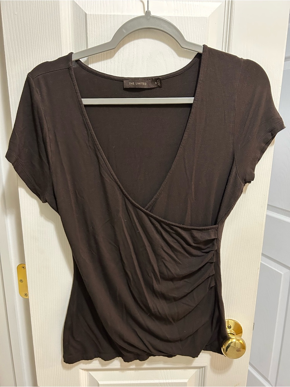 The Limited Brown Surplice Ruched Short Sleeve Top